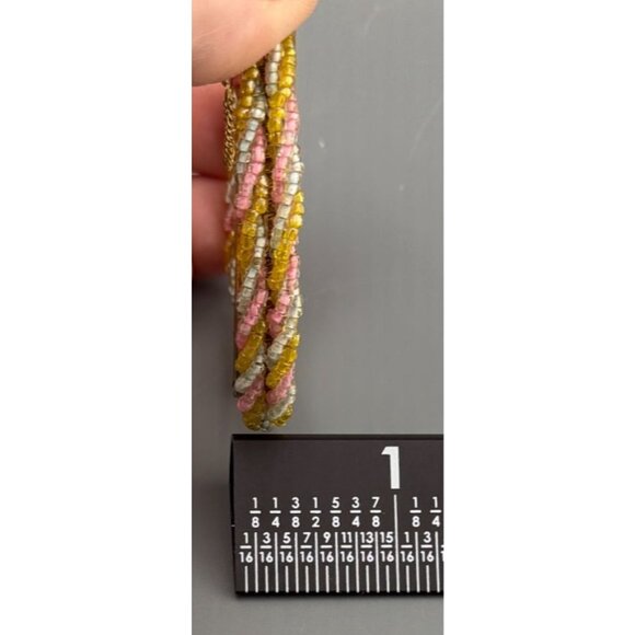 Vintage Miriam Haskell Signed Hinged Bracelet Twisted Glass Seed Bead Pink Yello